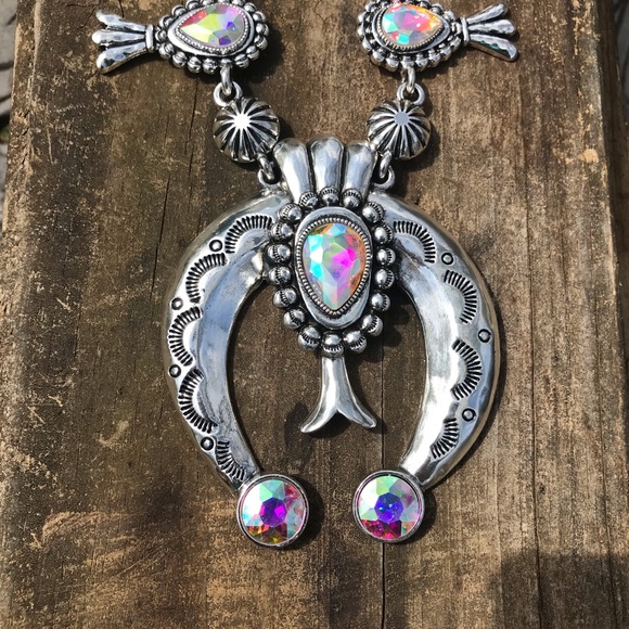 Athena Galore Jewelry - Bohemian Western Cowboy Horseshoe Squash Blossom Silver Rhinestone Necklace
